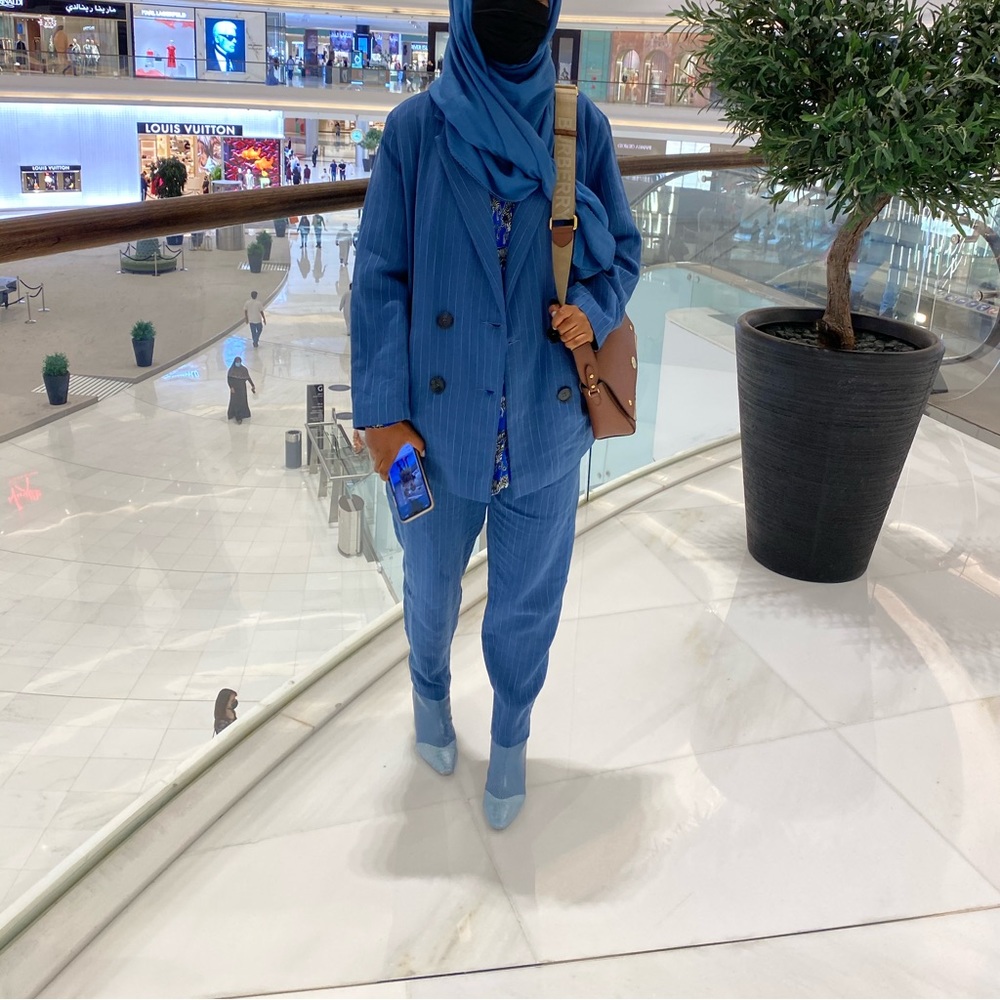Double breasted light indigo coat and paper bag pants (suit/ set)